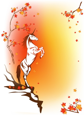autumn fantasy background with unicorn and maple treeのイラスト素材