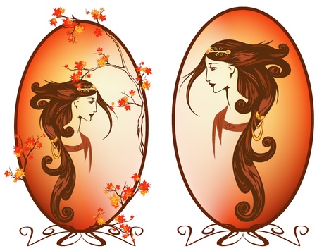 	art nouveau style autumn season woman with long beautiful hair portraitのイラスト素材