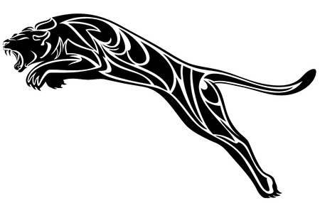 	furious panther jump - black and white vector illustrationのイラスト素材