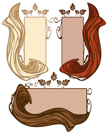 	art nouveau style hair banners with frame - blond, brown and red hair locks with framesのイラスト素材