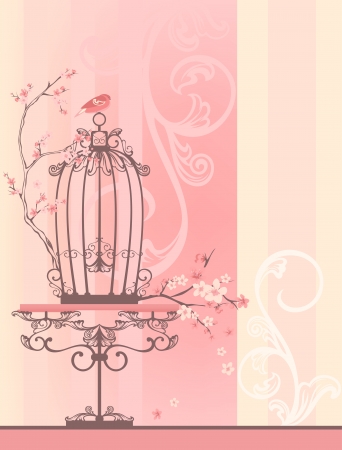 vintage style spring season room with bird cage - tender pastel shades of pink and yellow with place for your textのイラスト素材