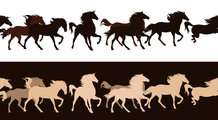 running horses herd contrast outlines - seamless silhouette decor borderのイラスト素材