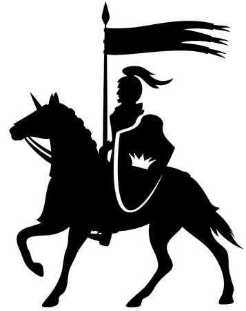 royal knight with a crown shield riding a horse - black vector silhouette on whiteのイラスト素材