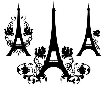 eiffel tower silhouette design set - symbol of france and paris among rose flowersのイラスト素材