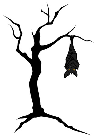 halloween theme bat hanging on creepy twisted bare tree characterのイラスト素材