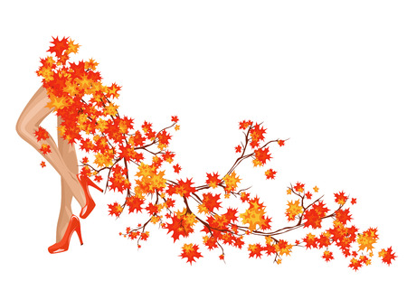 Autumn season fashion background with beautiful legs and bright foliage making a long skirtのイラスト素材