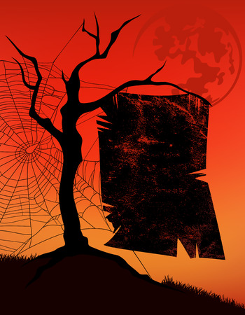 halloween background with tree, spider web and ominous poster with place for your textのイラスト素材