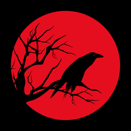 raven bird ominous design - black vector silhouette against red moon circleのイラスト素材