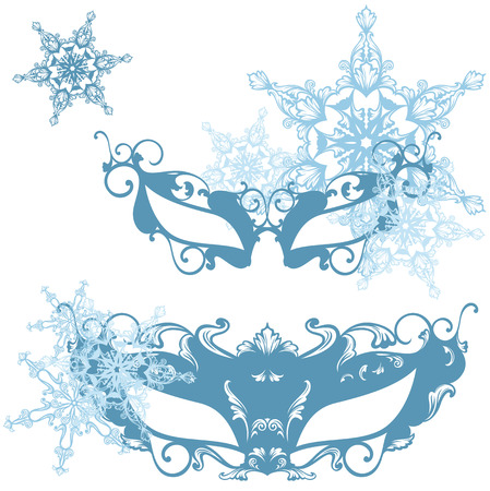 winter season carnival vector design set - elegant mask among snowflakesのイラスト素材