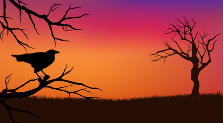 halloween evening background with raven bird and bare twisted tree branches silhouetteのイラスト素材
