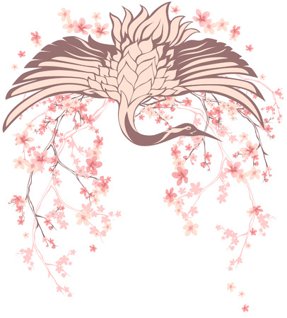 wingspread crane bird with blossom sakura branches - spring season vector design elementのイラスト素材