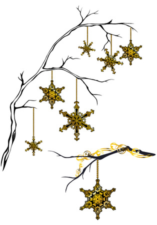 golden and black snowflakes hanging on tree branch decorative vector design elementsのイラスト素材