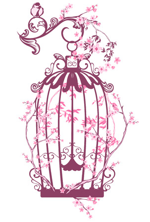 vintage bird cage among blooming tree branches - spring season vector designのイラスト素材