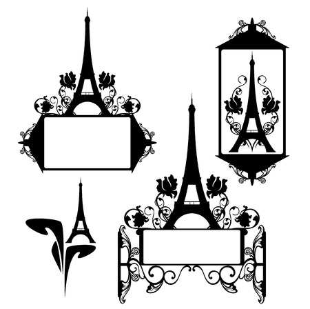 vintage frames with eiffel tower and rose flowers - black and white vector design setのイラスト素材