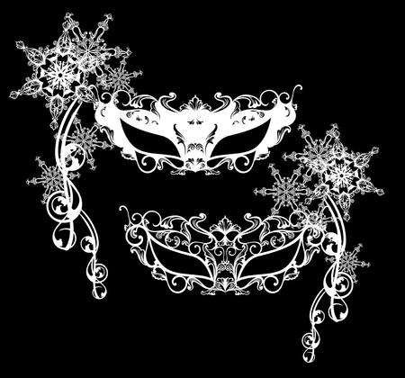 winter carnival masks vector design set - black and white editable outlinesのイラスト素材