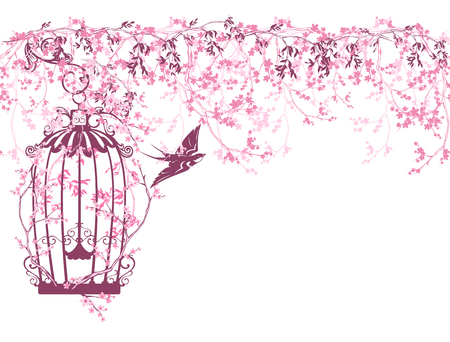 spring season horizontally seamless border vector design - bird cage among flowers and swallowのイラスト素材