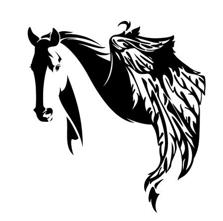 beautiful winged horse black and white vector portraitのイラスト素材