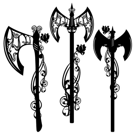 battle axe design set - weapon among rose flowers black and white vector collectionのイラスト素材