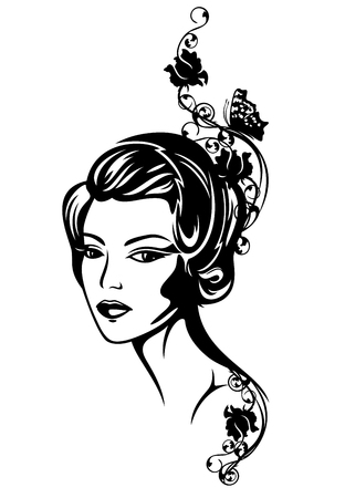 beautiful woman among rose flowers retro style portrait - 1920s fashion vector designのイラスト素材