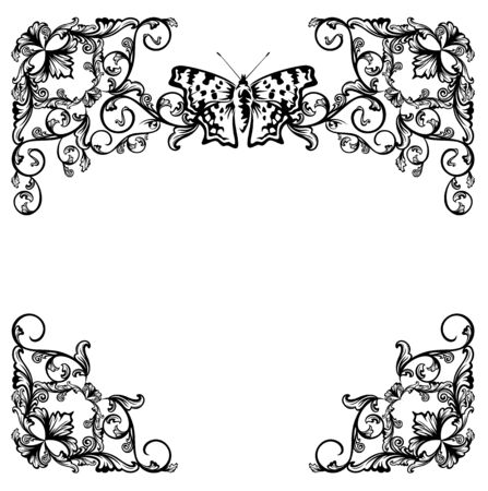butterfly and floral garden black and white vector frame design setのイラスト素材