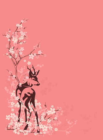 wild deer among blooming sakura tree branches - spring season vector copyspace backgroundのイラスト素材