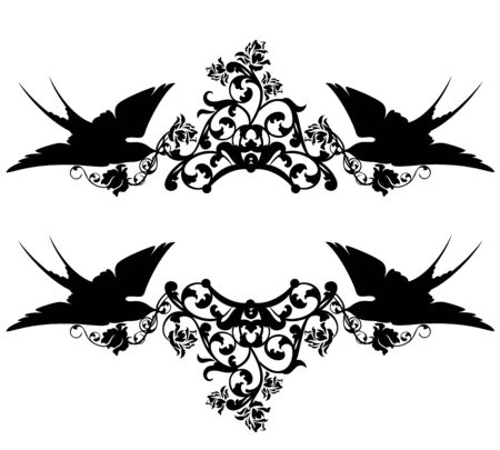 Swallow birds holding rose flowers decor - black and white design.のイラスト素材