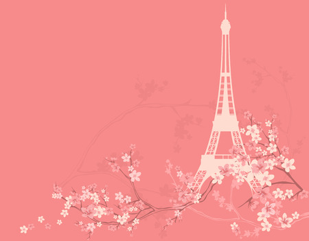 spring Paris background - eiffel tower silhouette among sakura flower branches.のイラスト素材