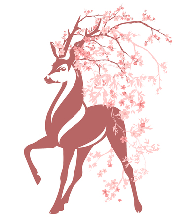 deer among pink flower branches - spring season blossom vector designのイラスト素材