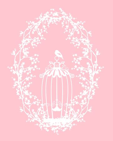 bird cage among spring tree branches - seasonal vector silhouetteのイラスト素材