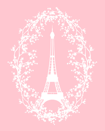 Eiffel tower among blooming tree branches - spring season in Paris vector silhouette designのイラスト素材