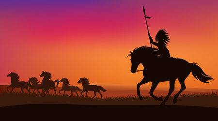 wild west scene with north american indian chasing herd of mustang horses - vector sunset landscapeのイラスト素材