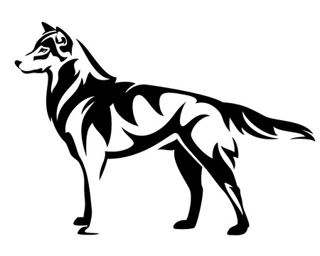 standing wolf side view - black and white vector designのイラスト素材
