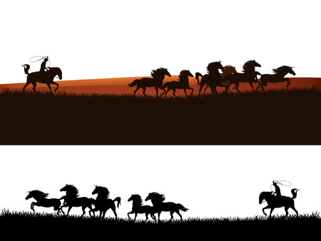 Cowboy chasing the herd of wild mustang horses - wild west vector silhouette panoramic designのイラスト素材