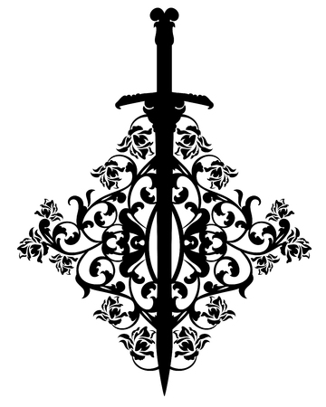 Antique sword among rose flower decor - silhouette black and white combination vector designのイラスト素材