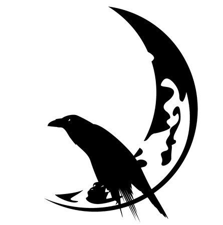 raven bird sitting on a crescent moon black vector silhouette - halloween character designのイラスト素材