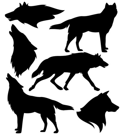 wolf silhouette set - black vector design of running, howling and standing animalsのイラスト素材