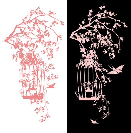 bird cage among sakura blossom - spring season blooming garden vector designのイラスト素材