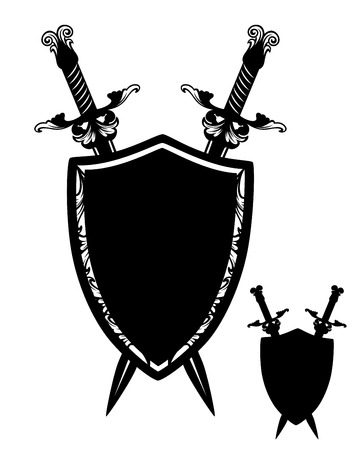 crossed swords and shield - black and white heraldic vector designのイラスト素材