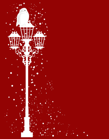 christmas theme vector silhouette design - white snowy owl on streetlight under falling snowのイラスト素材