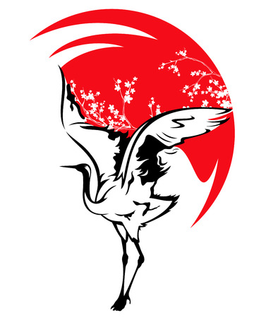 japanese crane bird with red sun and cherry tree branches vector designのイラスト素材