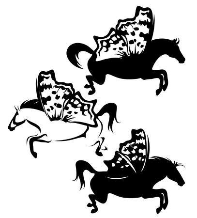 pegasus horses with fairy butterfly wings - black and white vector silhouette designのイラスト素材
