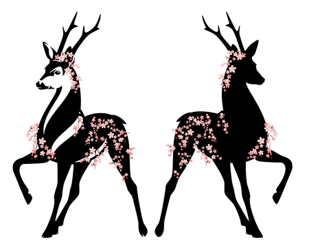 wild deer standing among blooming cherry tree branches - spring season wildlife vector designのイラスト素材