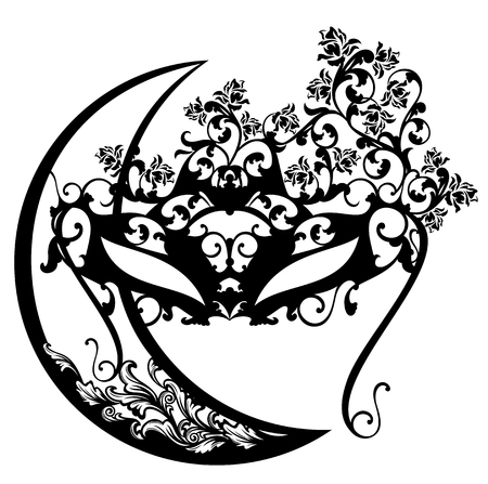 masquerade face mask among rose flowers and ornate crescent moon - night party black and white vector designのイラスト素材