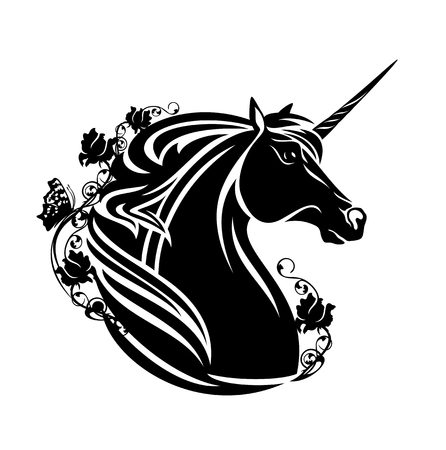 Magical unicorn horse head with rose flowers and butterflyのイラスト素材