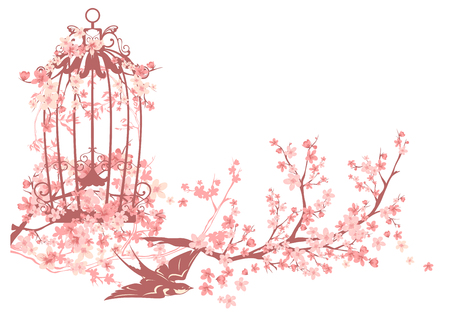swallow bird, open cage and blooming sakura tree branches - spring season vector designのイラスト素材