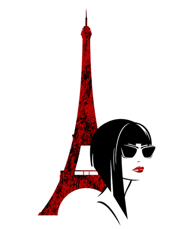Stylish brunette woman with asymmetric blunt bob haircut and sunglasses with eiffel towerのイラスト素材