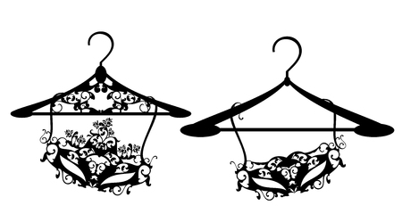 Elegant carnival masks on luxurious hangers - black and white accessories vector silhouettes decorated with rose flowersのイラスト素材