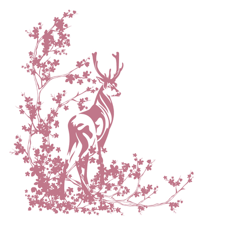deer standing among blooming cherry tree branches - spring season vector silhouette designのイラスト素材