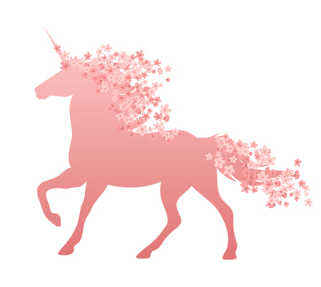 Running unicorn with mane and tail decorated with sakura flowers - magic horse with spring season blossom isolated vector silhouetteのイラスト素材