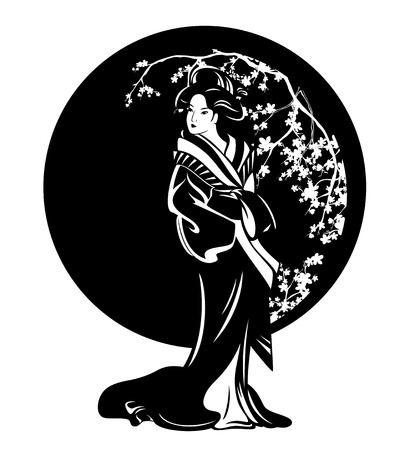 Beautiful Japanese geisha girl wearing traditional kimono standing among blooming sakura branches black and whiteのイラスト素材
